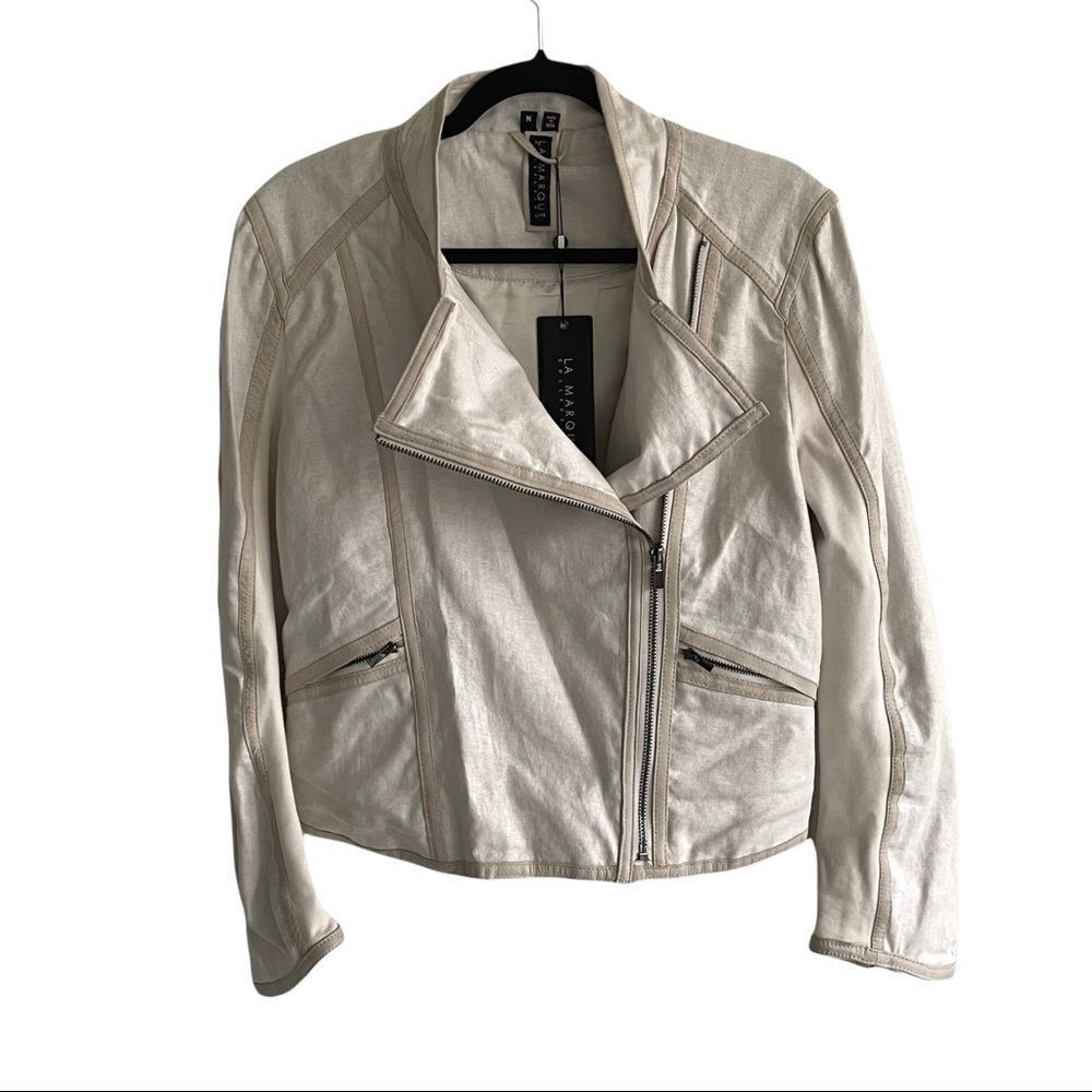 LAMARQUE COLLECTION Leather Linen Asymmetrical Moto Biker Cream Jacket M